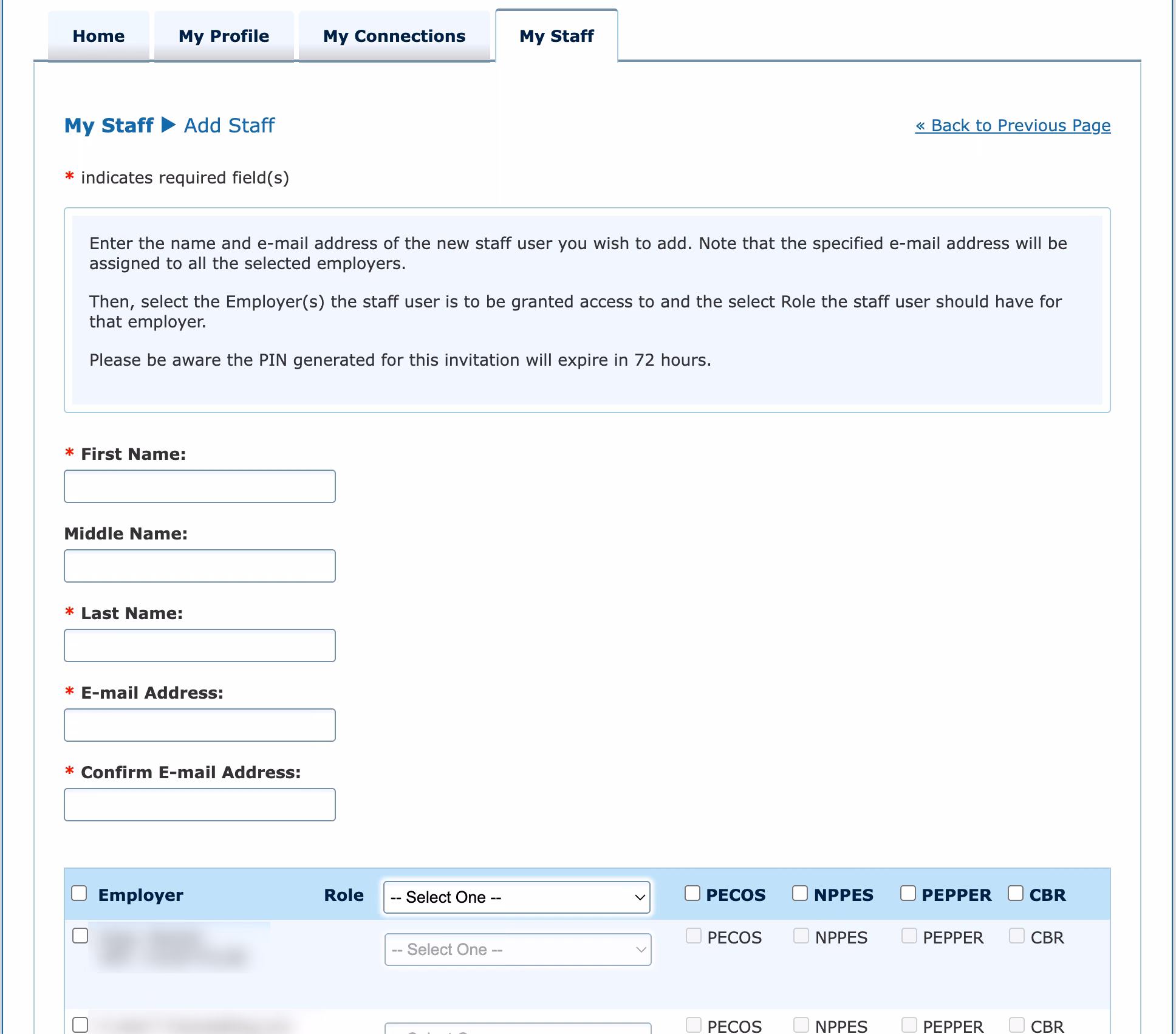 The Add Staff page, with the new staff user's name and email fields and the grid of your entities with per-system checkboxes
